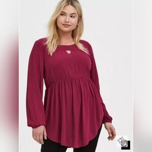 Torrid Sz 0 Women's Deep Wine Long-Sleeve Keyhole Babydoll Tunic